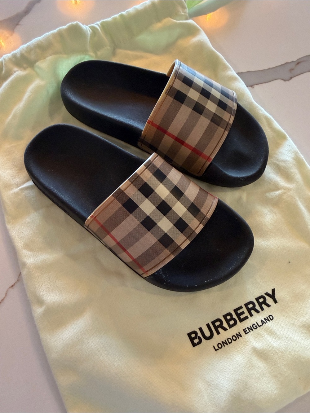 Burberry Black Slides with Beige Nova Check Strap